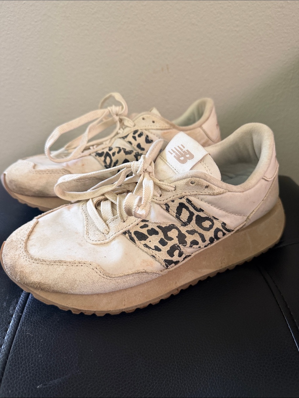 New Balance Women’s Cream Sneakers with Leopard Print Accent
